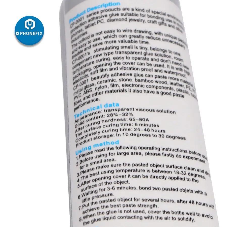Relife CP-0001 transparent glass glue for phone repair tools, used for precise bonding in mobile device repairs.