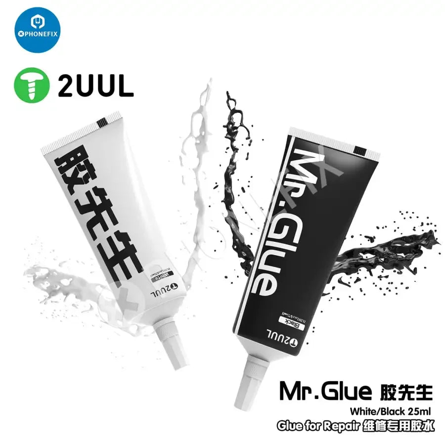 2UUL 25ml Mr Glue by PHONEFIX for phone back cover repair, shown in a bottle with label and applicator tip.