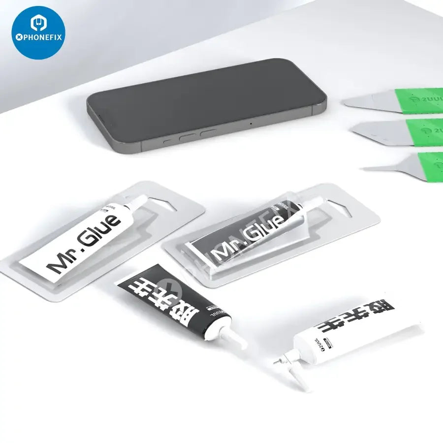 2UUL 25ML Mr Glue for Phone Back Cover Repair by PHONEFIX, a clear adhesive bottle for mobile phone back cover repairs.