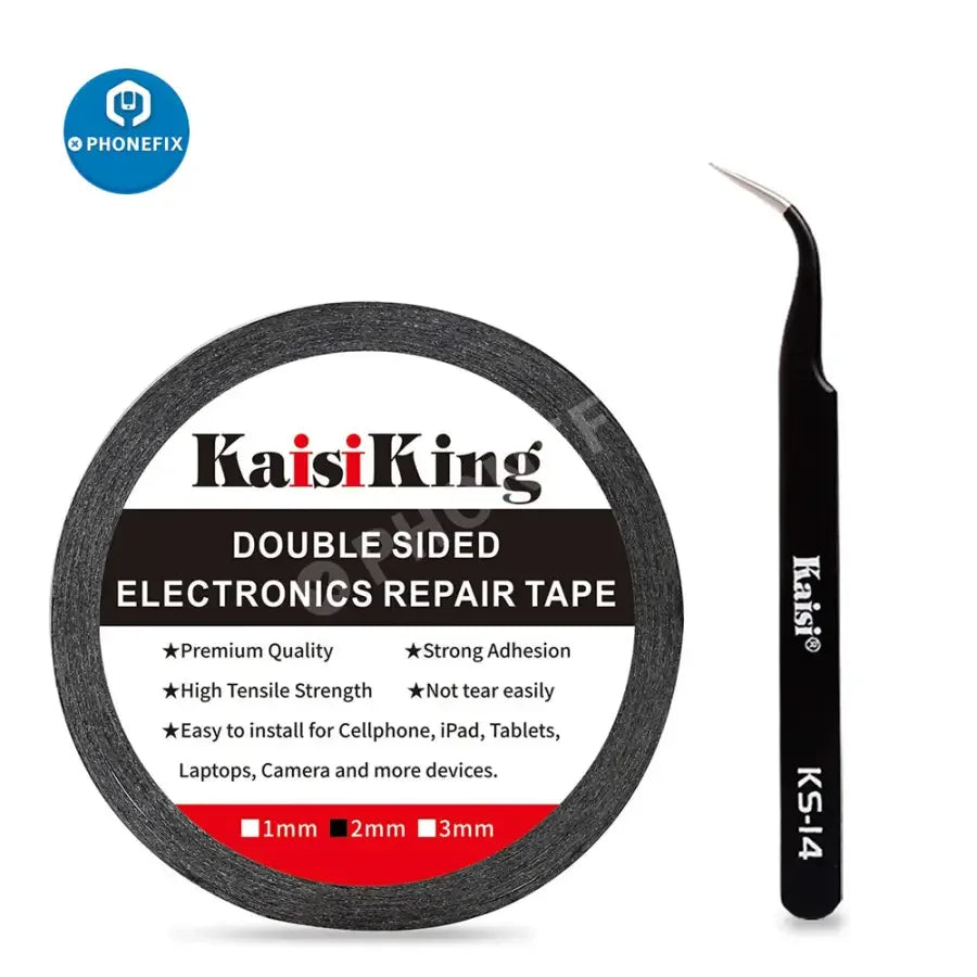PhoneFix 2mm LCD screen adhesive tape with tweezers for phone and tablet repair, ideal for secure screen installation.