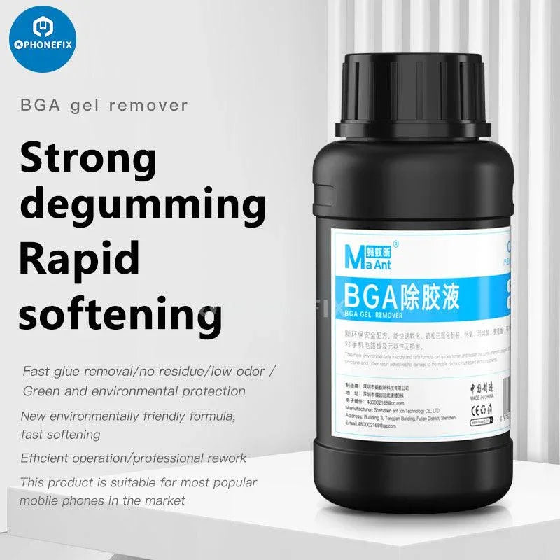 MaAnt CJY-01 500ml gel and glue remover for BGA IC chip adhesive cleaning, by PHONEFIX, in a clear bottle.