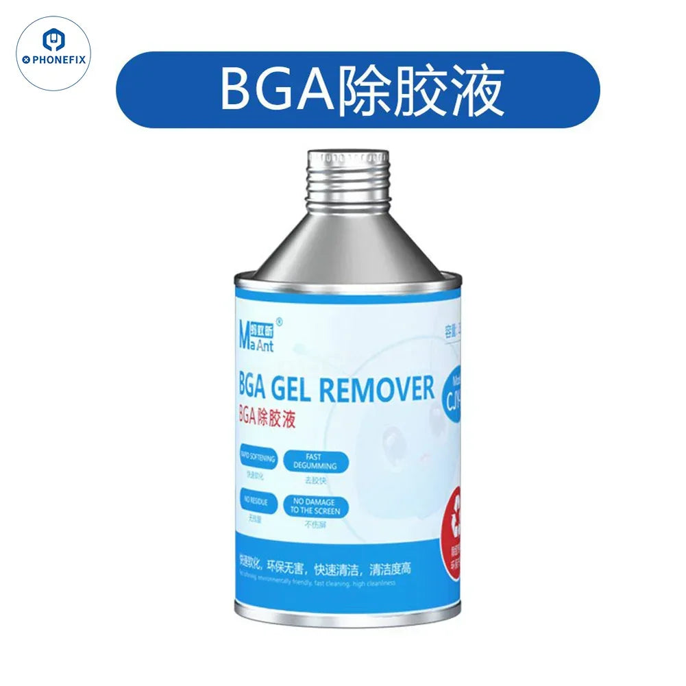 PhoneFix CPU NAND glue remover epoxy cleaner for BGA IC chip repair, showing the adhesive removal tool and cleaning applicator.