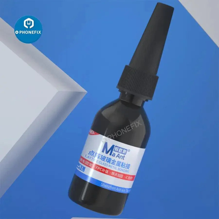 MaAnt F007 Dot Matrix Glass Metal Bonding Adhesive Glue for phone repair, shown in a clear container with label.