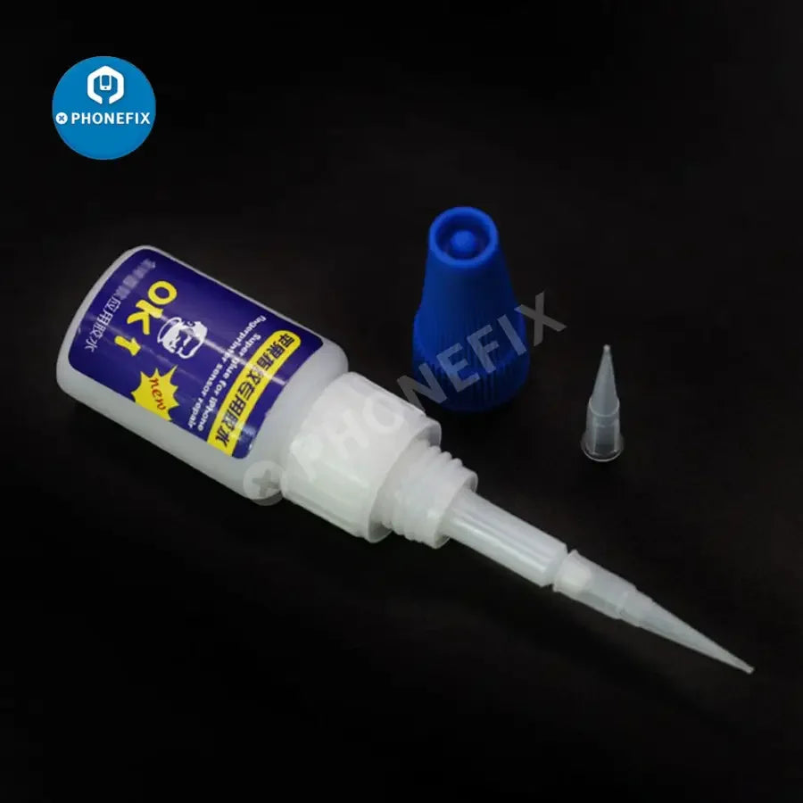 10ml bottle of PHONEFIX OK1 Super Glue for iPhone fingerprint sensor maintenance and repair, shown with applicator tip.