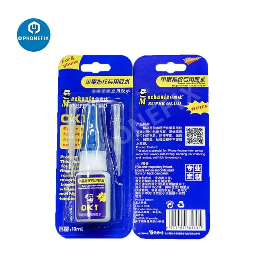 PhoneFix mechanic 10ml OK1 super glue for iPhone fingerprint sensor maintenance, showing the clear glue bottle and applicator.