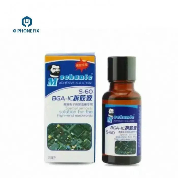 PhoneFix mechanic 20ml super strong BGA-IC removing adhesive glue for electronics repair, shown in a clear container.
