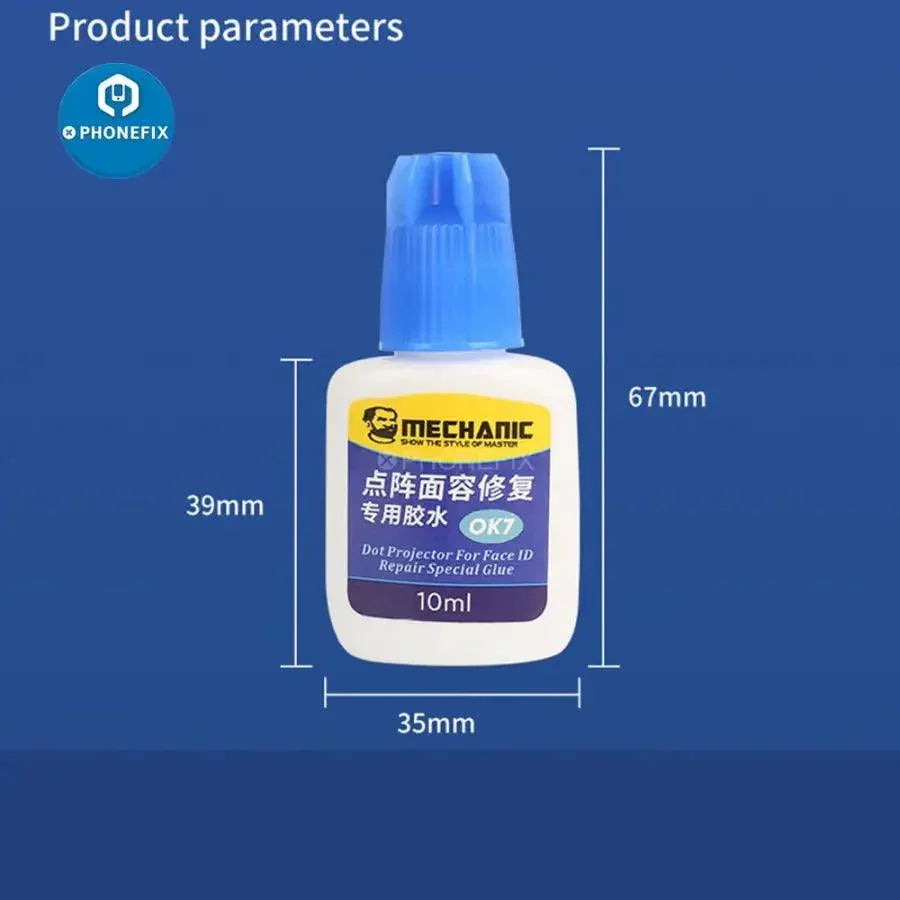 PhoneFix Mechanic Dot Matrix Repair Tool OK7 with special glue for Face ID facial repair, used for precise electronic component fixes.