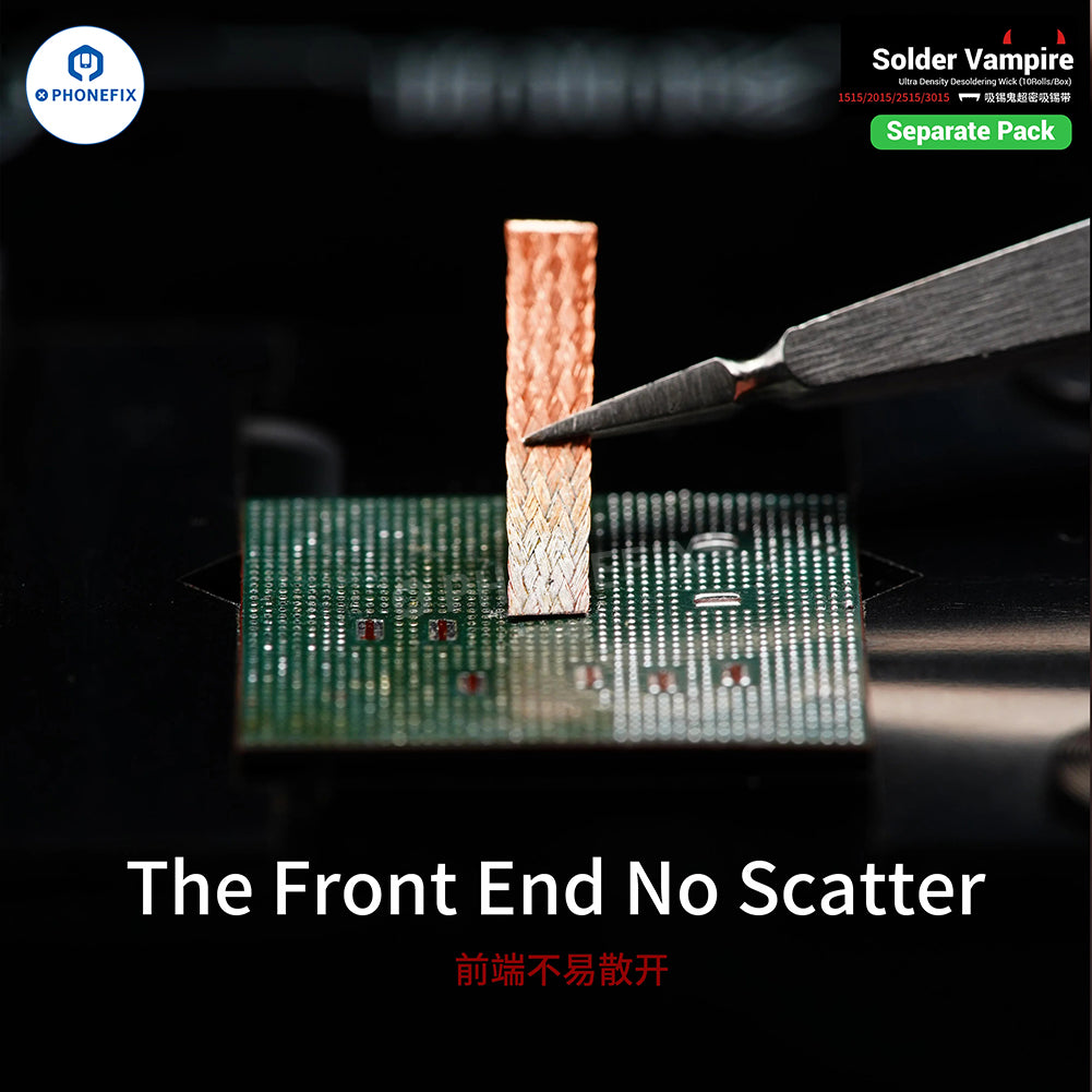 Double-sided desoldering wick for mobile phone repair, made by PHONEFIX, used for removing solder during electronics repair.