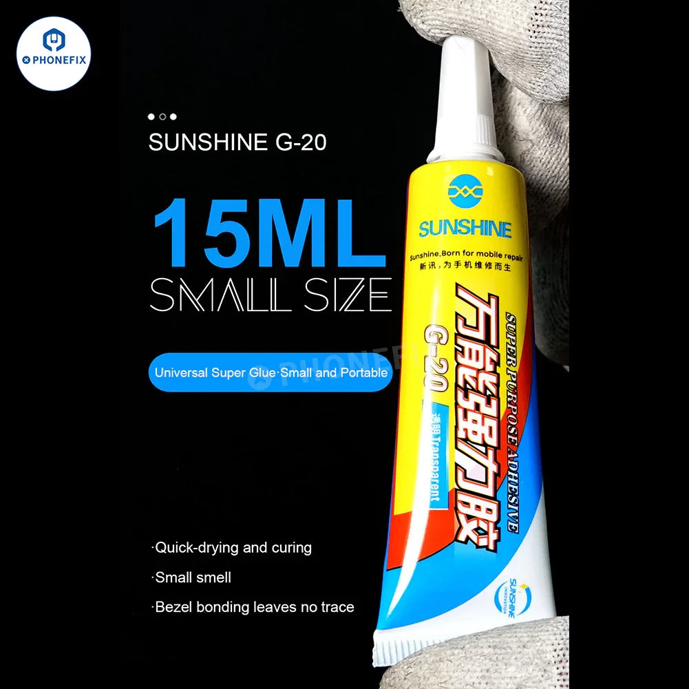 PhoneFix Sunshine G-20 G-21 glue adhesive for phone LCD frame and back glass, shown in 15ml bottle.