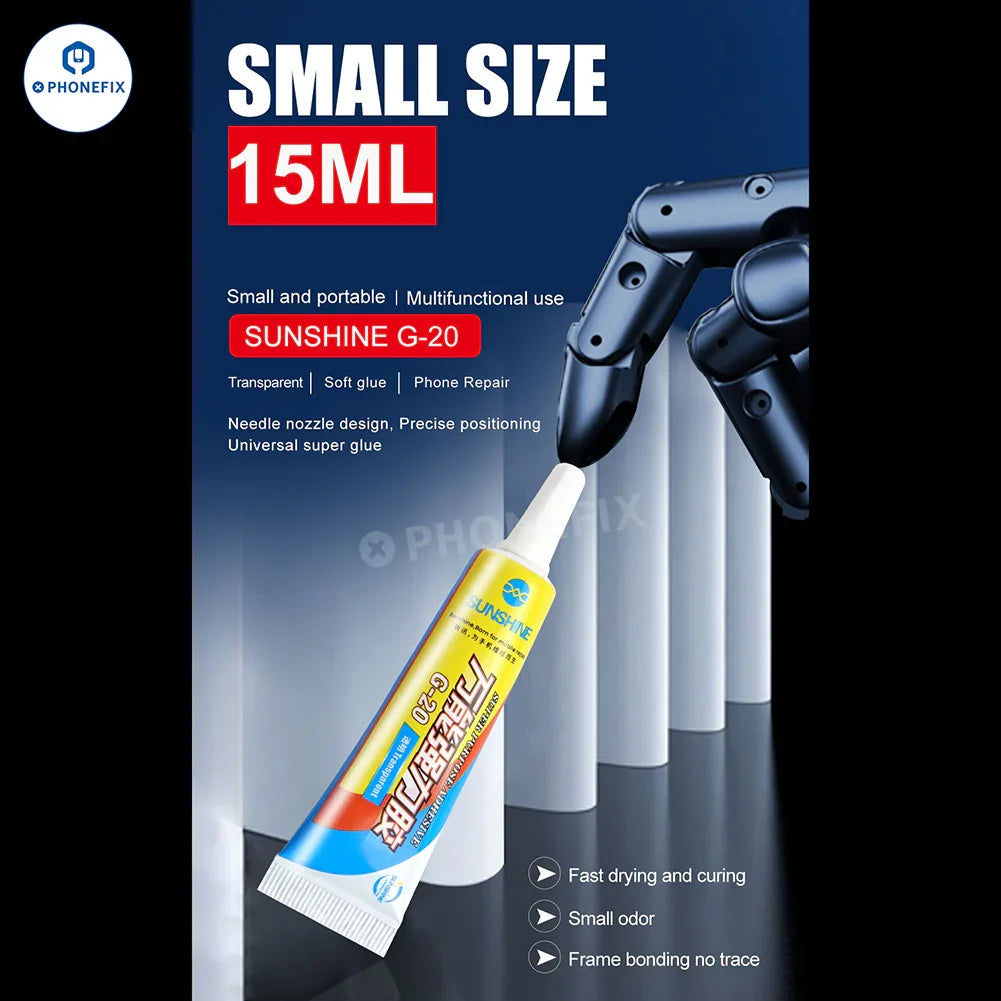 PhoneFix Sunshine G-20 G-21 glue adhesive for phone LCD frame and back glass, 15ml bottle, suitable for phone repair.