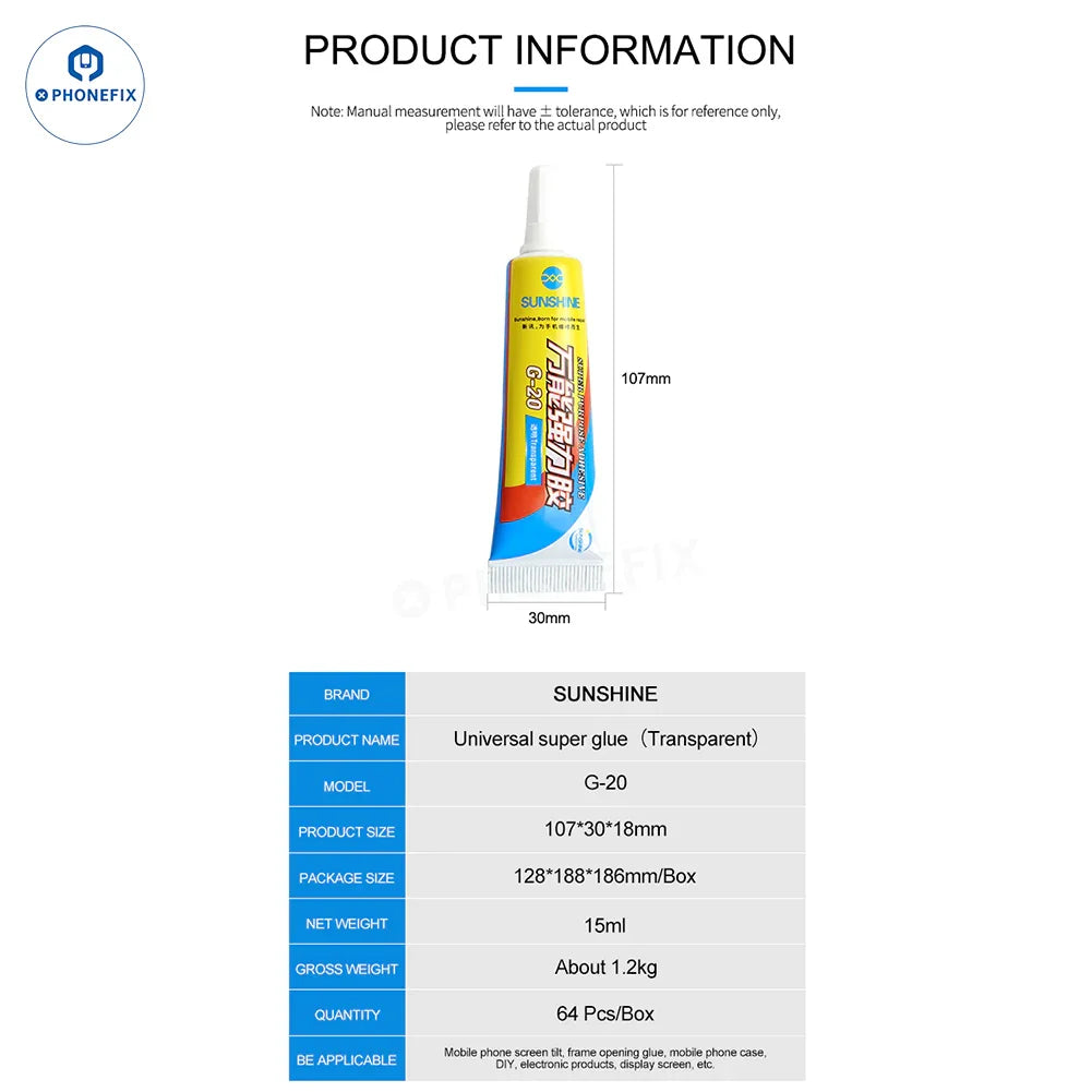 PhoneFix Sunshine G-20 G-21 glue adhesive for phone LCD, frame, and back glass, shown in 15ml bottle.