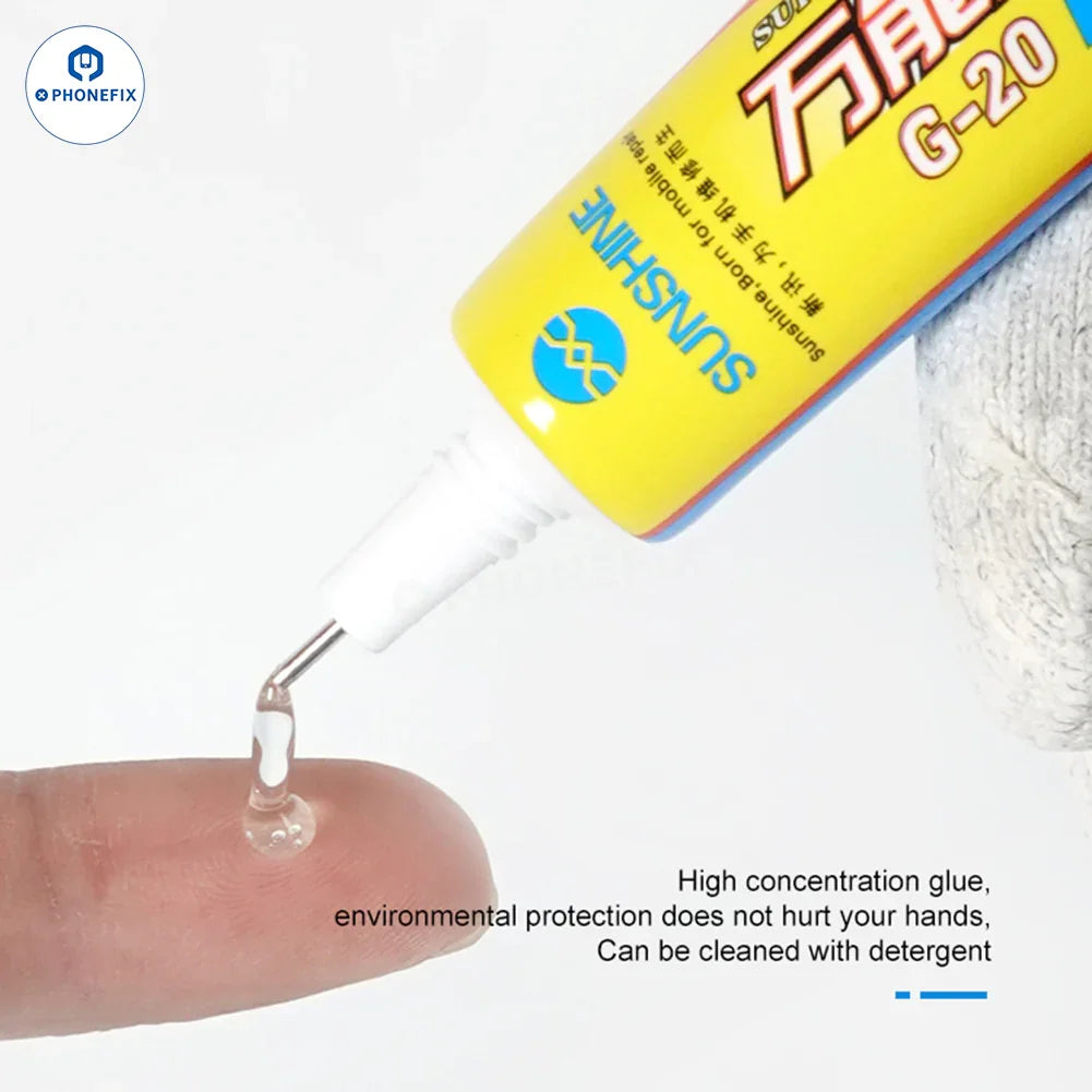 PhoneFix Sunshine G-20 G-21 glue adhesive for phone LCD frame and back glass, showing the 15ml container with label and applicator tip.