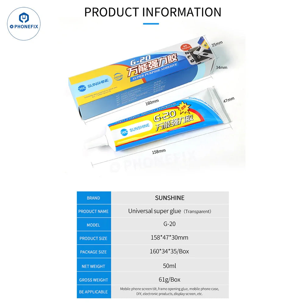 PhoneFix Sunshine G-20 G-21 glue adhesive for phone LCD frame and back glass, 15ml bottle, used for phone repair and assembly.