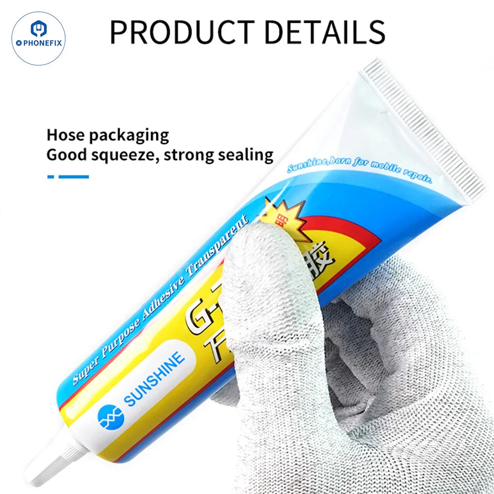 PhoneFix Sunshine G-20 G-21 glue adhesive for phone LCD frames and back glass, shown in 15ml container.