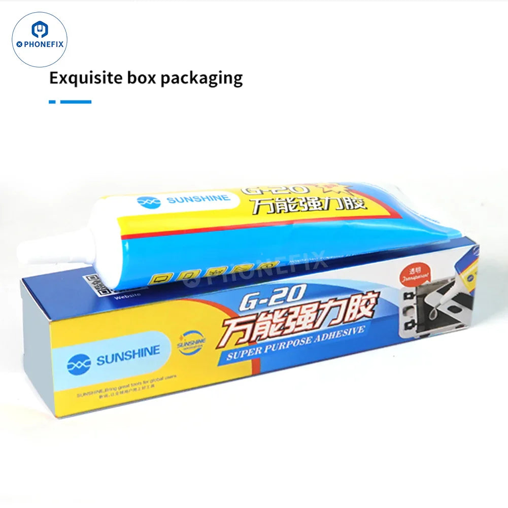 PhoneFix Sunshine G-20 G-21 glue adhesive for phone LCD and back glass, shown in a 15ml container for repair and assembly.