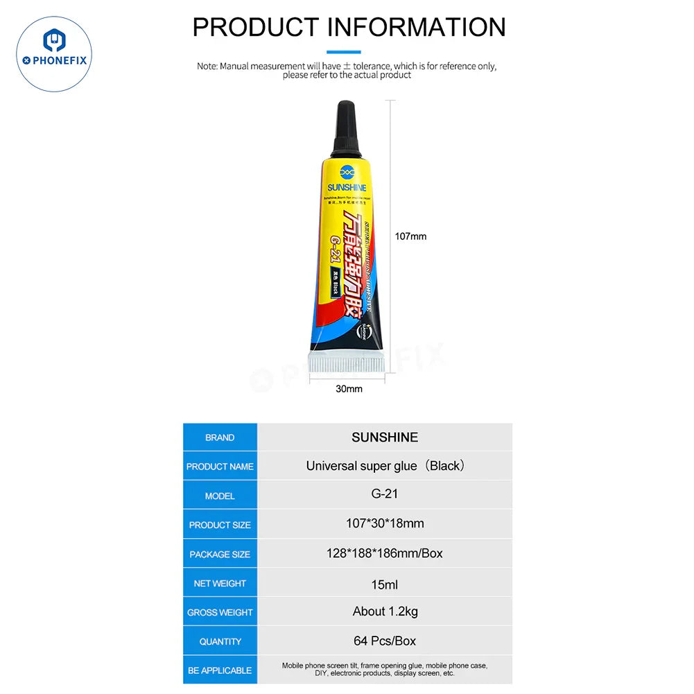 PhoneFix Sunshine G-20 G-21 glue adhesive for phone LCD and back glass, in a 15ml bottle, used for phone repair.
