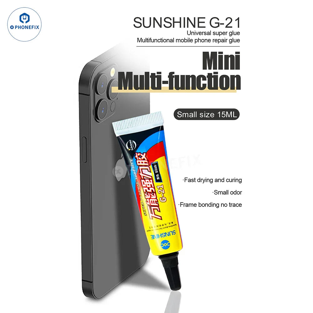 PhoneFix Sunshine G-20 G-21 glue adhesive for phone LCD frames and back glass, shown in 15ml bottle.