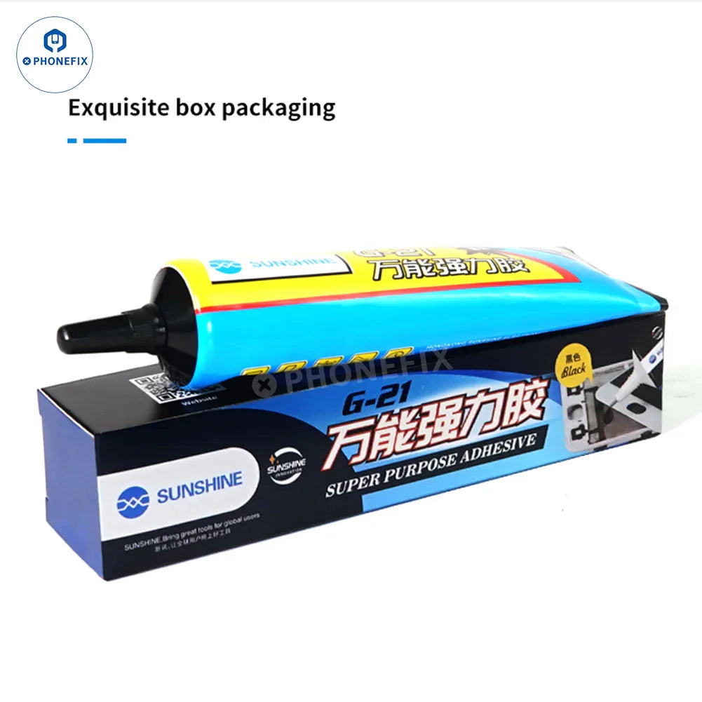 PhoneFix Sunshine G-20 G-21 glue adhesive for phone LCD, frame, and back glass, shown in 15ml container for device repairs.