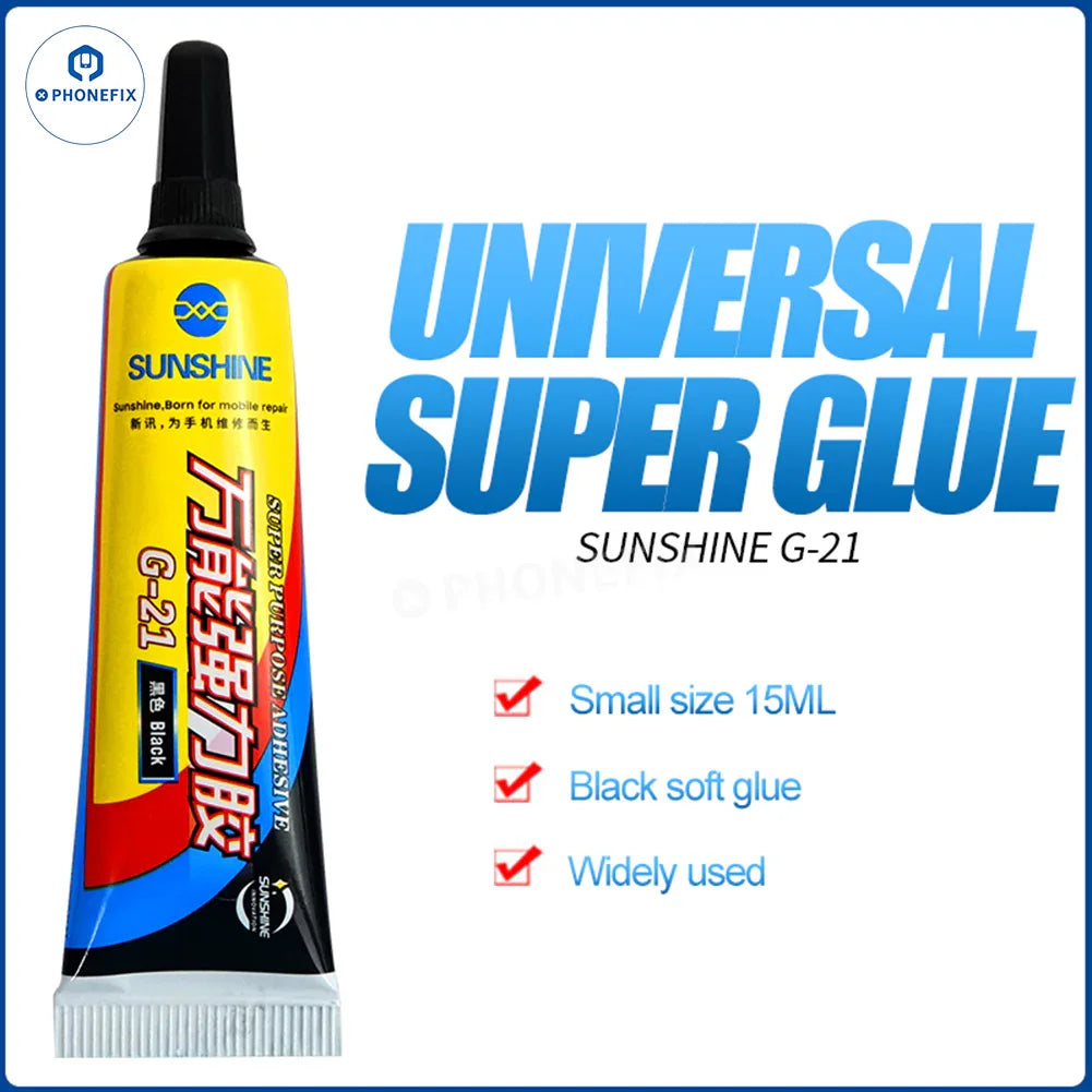 PHONEFIX Sunshine G-20 G-21 glue adhesive for phone LCD, back glass, and frame, shown in a 15ml container.