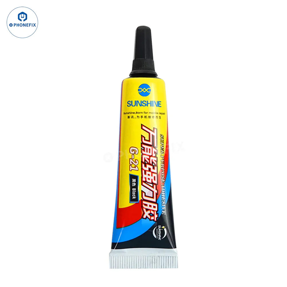 PhoneFix Sunshine G-20 G-21 glue adhesive for phone LCD, back glass, and frame, shown in a 15ml container.