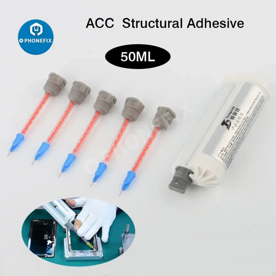50ml PHONEFIX ACC structural glue dispensing syringe for screen narrow frame adhesive, shown with clear applicator in image.
