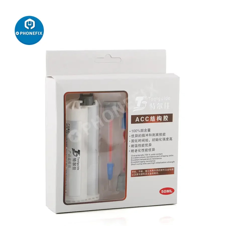 PhoneFix 50ML ACC Structural Glue syringe for screen narrow frame adhesive, used for precise dispensing of mobile device repair adhesive.