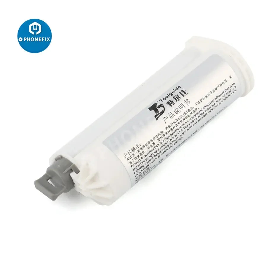 50ML PHONEFIX ACC structural glue syringe for screen narrow frame adhesive, shown with dispensing tip and transparent body.