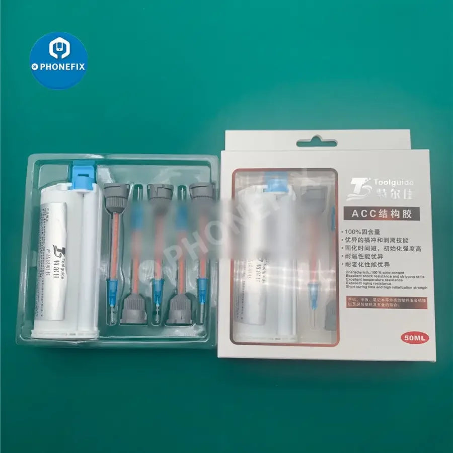 50ml PhoneFix ACC structural glue dispensing syringe for screen narrow frame adhesive, showing the clear plastic syringe and nozzle.