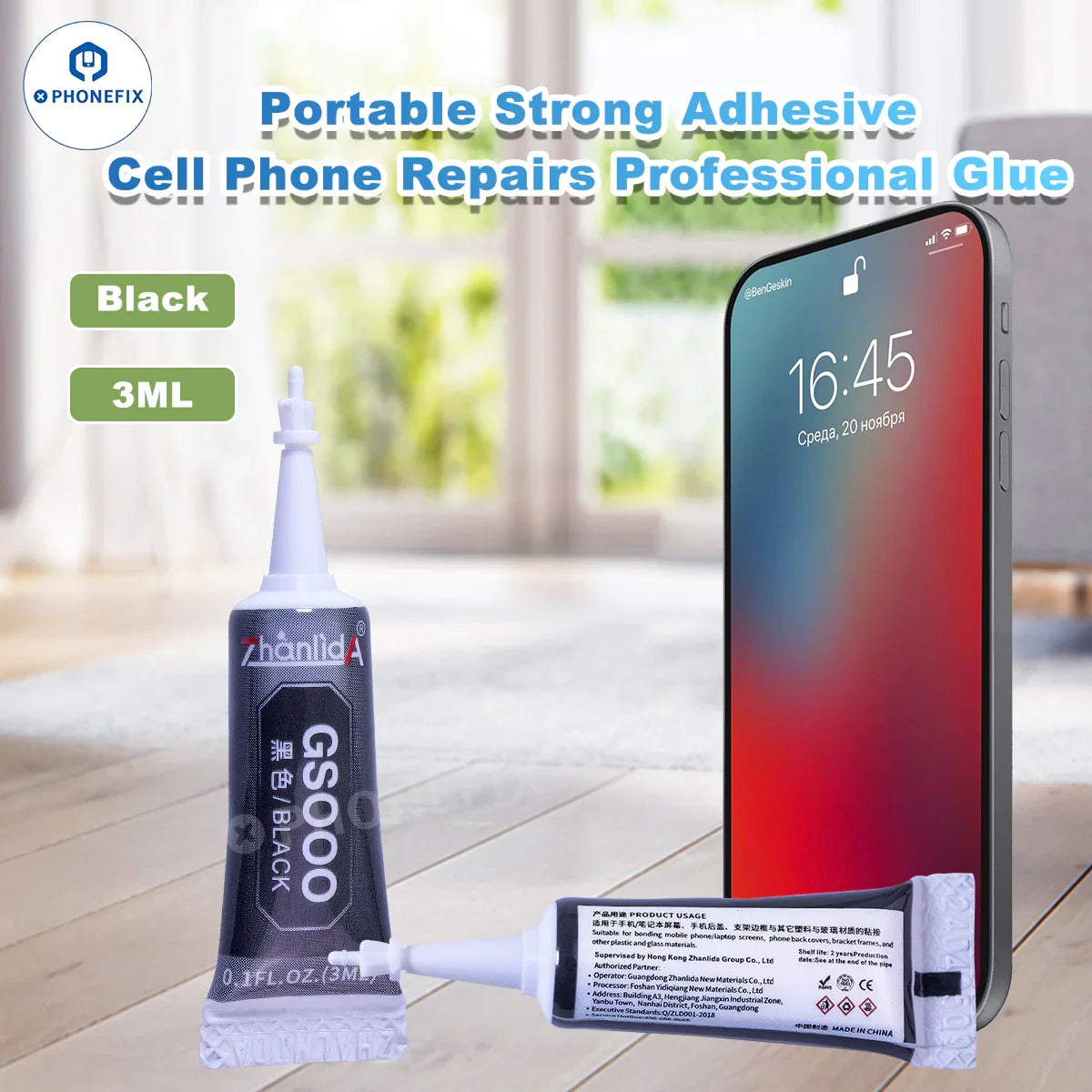 PHONEFIX 3ML portable strong adhesive for cell phone repairs, professional glue for durable repairs, shown in a small tube.