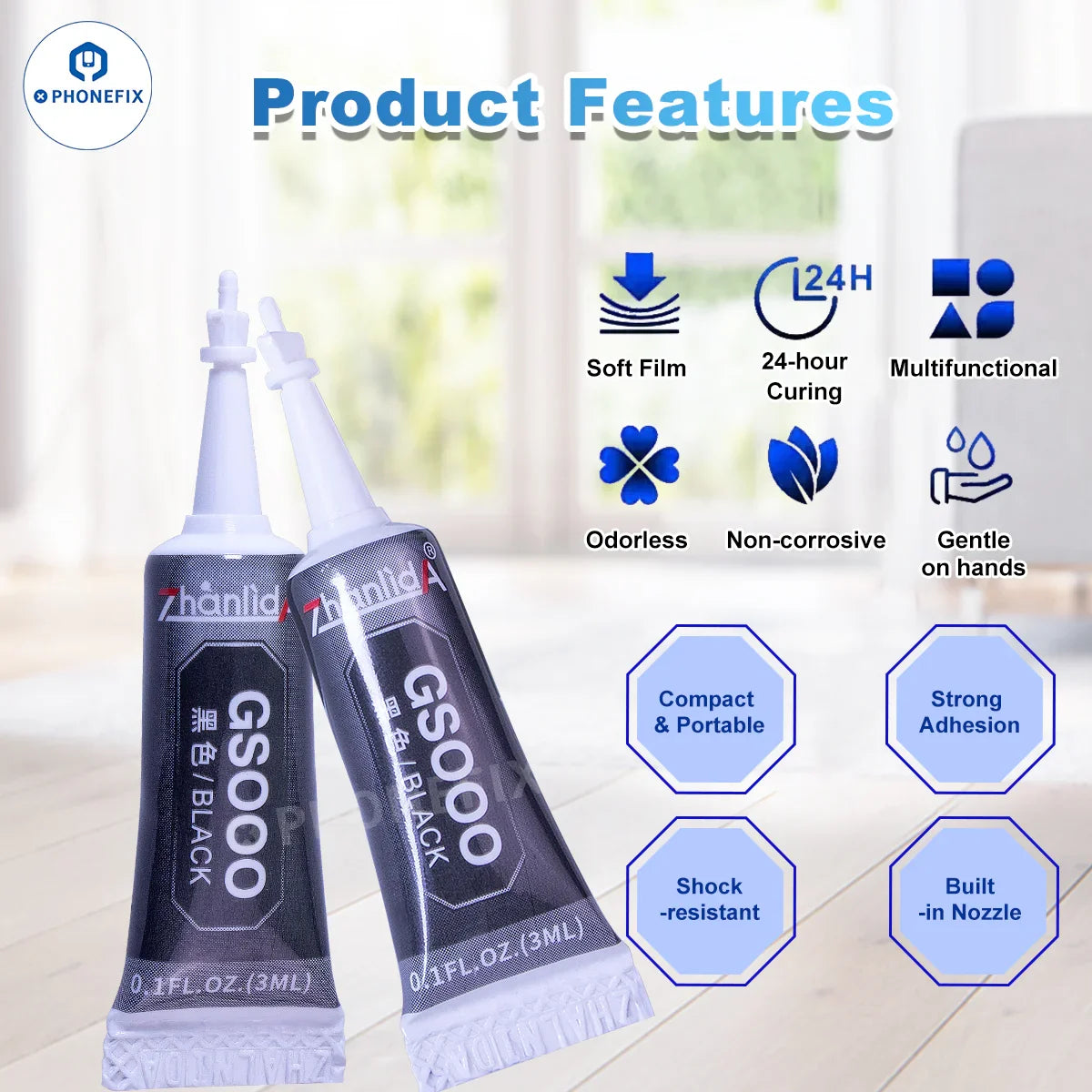 Portable 3ML PHONEFIX strong adhesive glue for cell phone repairs, professional-grade repair consumable with precision applicator.