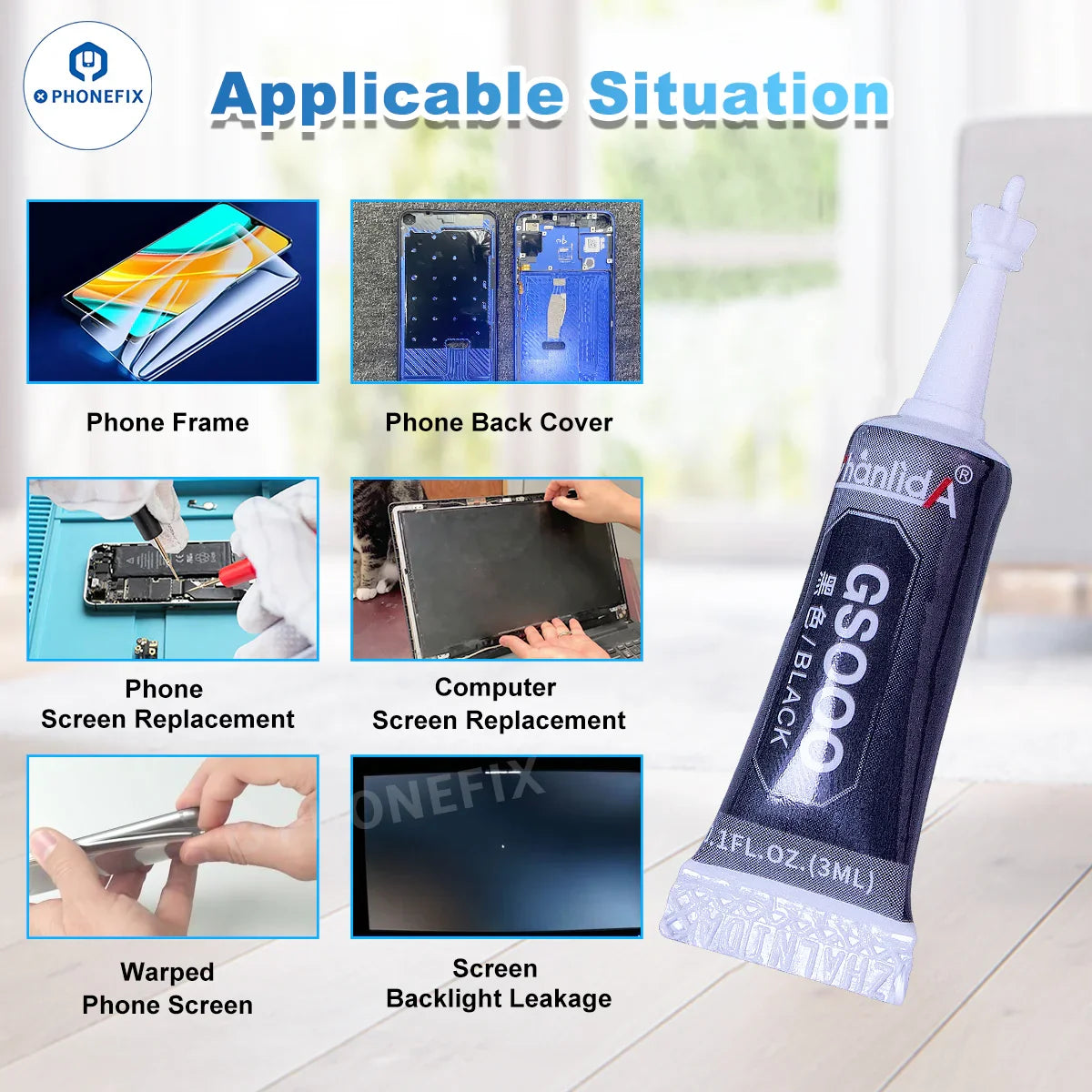 Portable 3ML PHONEFIX strong adhesive glue for cell phone repairs, professional-grade consumable for secure device fixing.