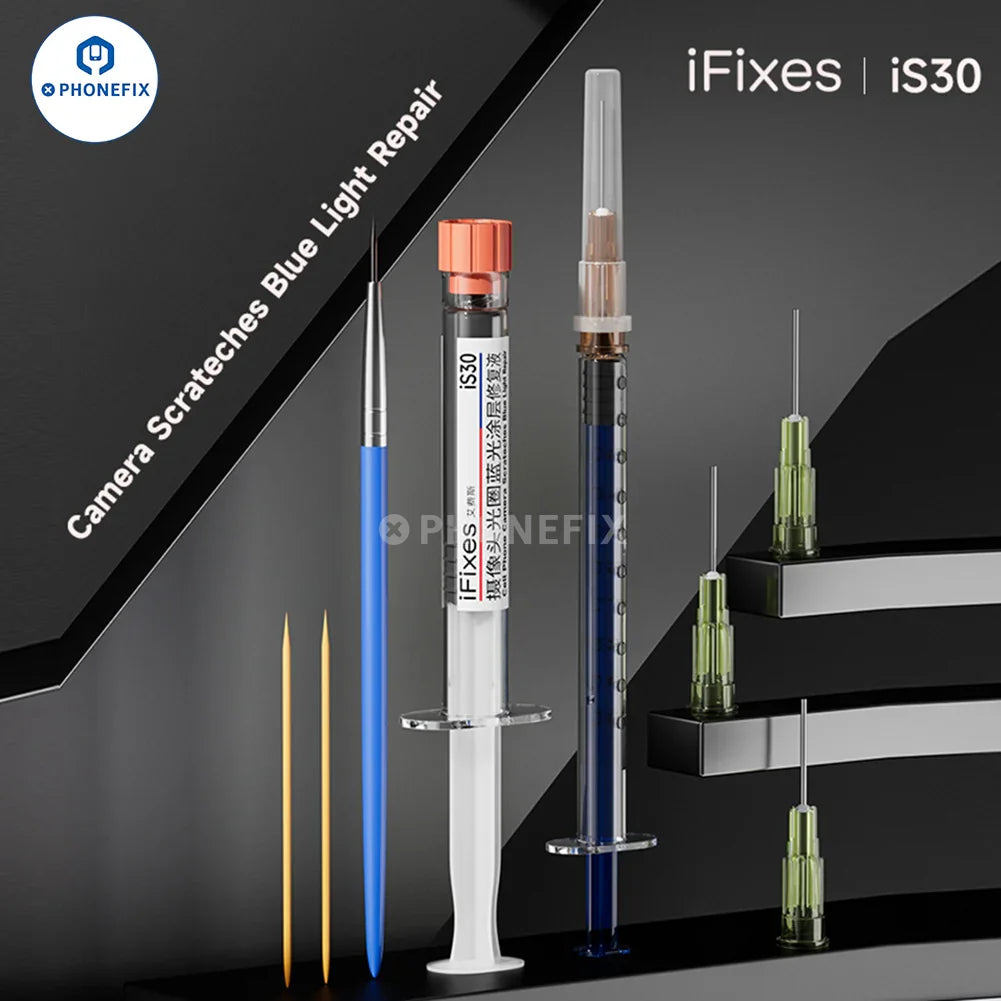 iFixes iS30 phone camera scratch repair kit with blue light coating repair glue, shown with applicator and repair materials.