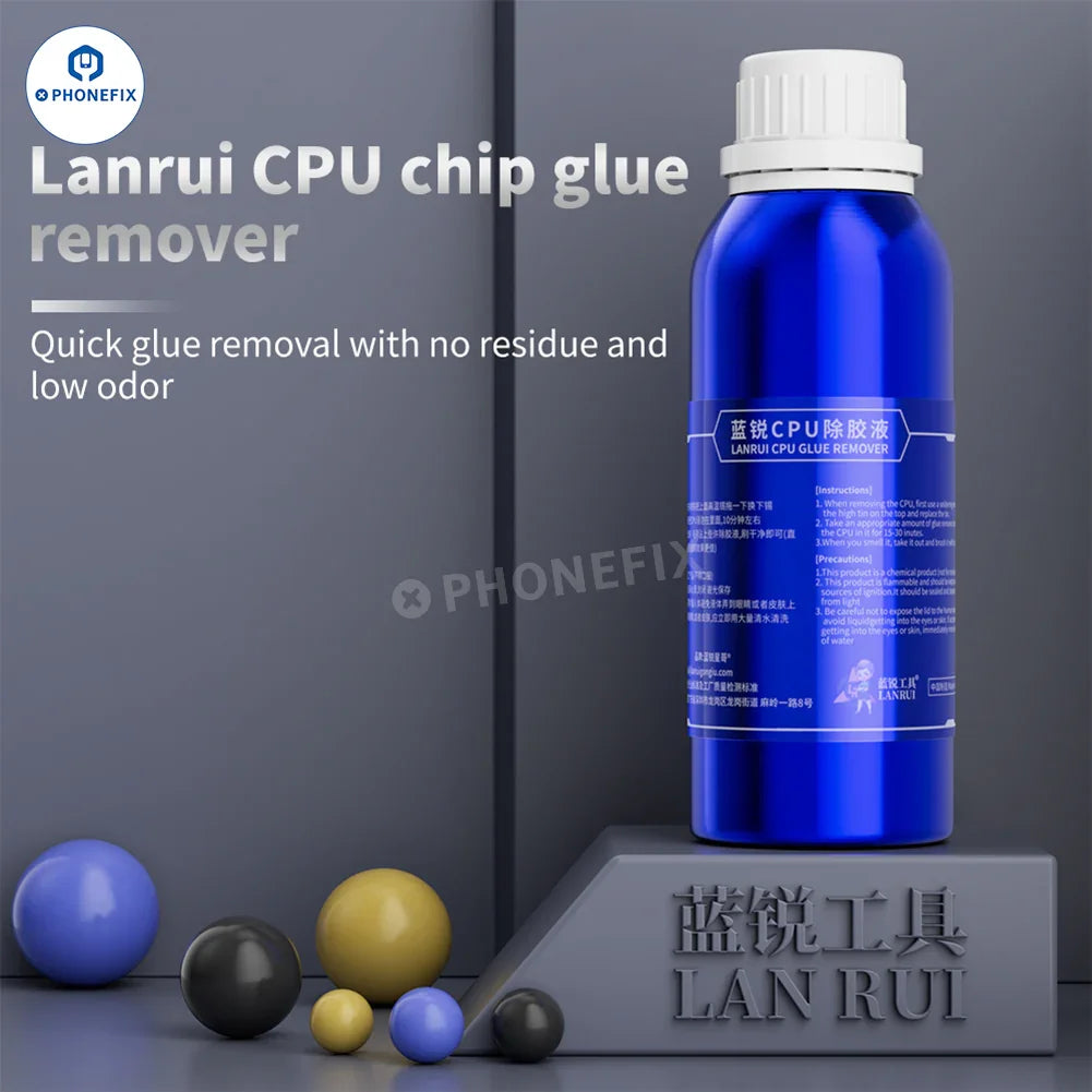 LANRUI Chip Adhesive Cleaner for iPhone CPU glue removal, PHONEFIX consumable for electronics repair, showing the cleaning solution in the image.