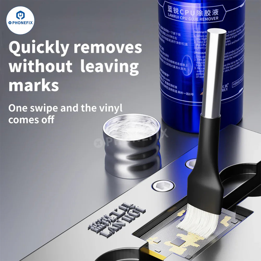 LANRUI Chip Adhesive Cleaner for iPhone CPU glue removal, shown in a small bottle with label, used for electronic device repairs.
