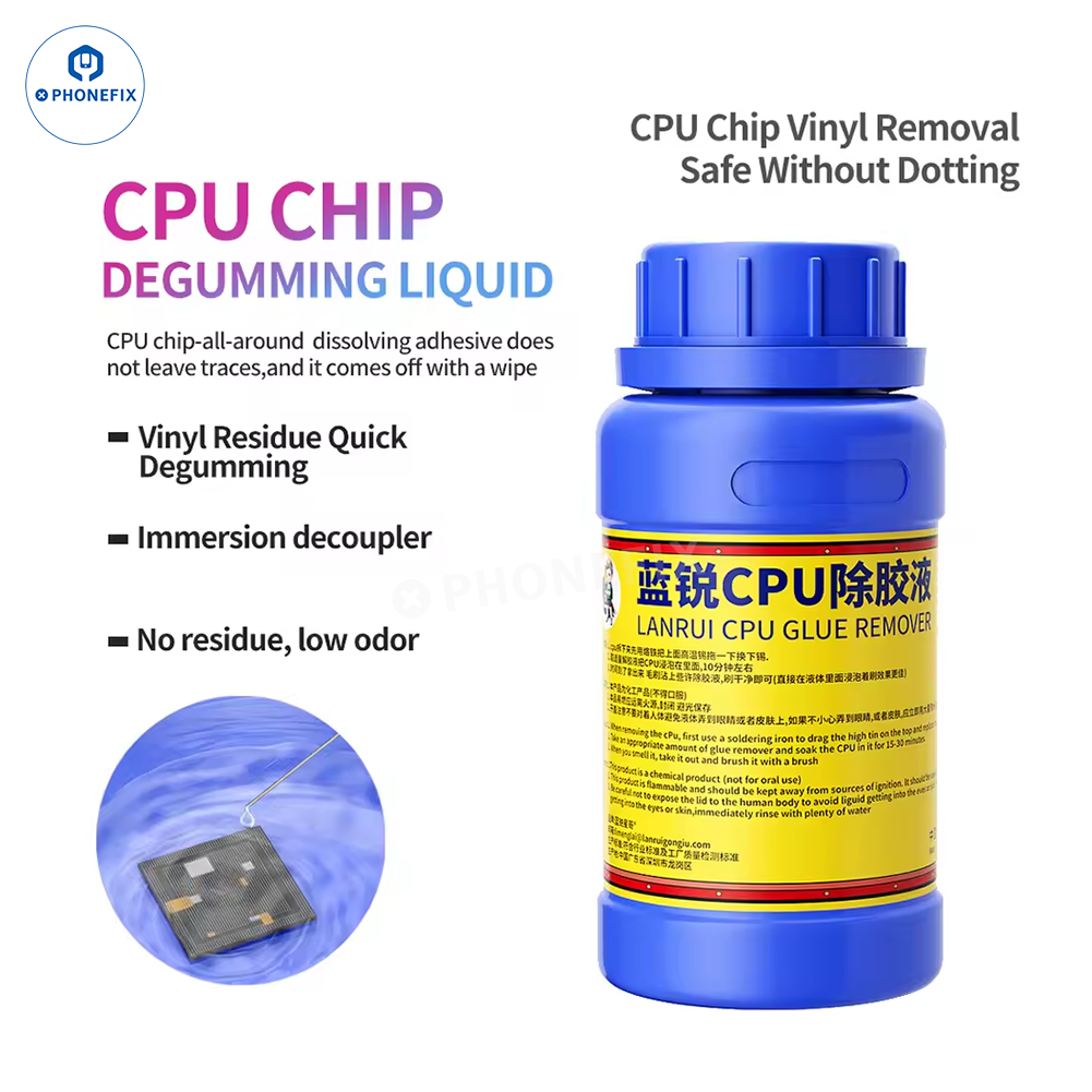 PHONEFIX CPU Nand glue remover epoxy cleaner for BGA IC chips, repair assist tool for removing adhesive from electronics.