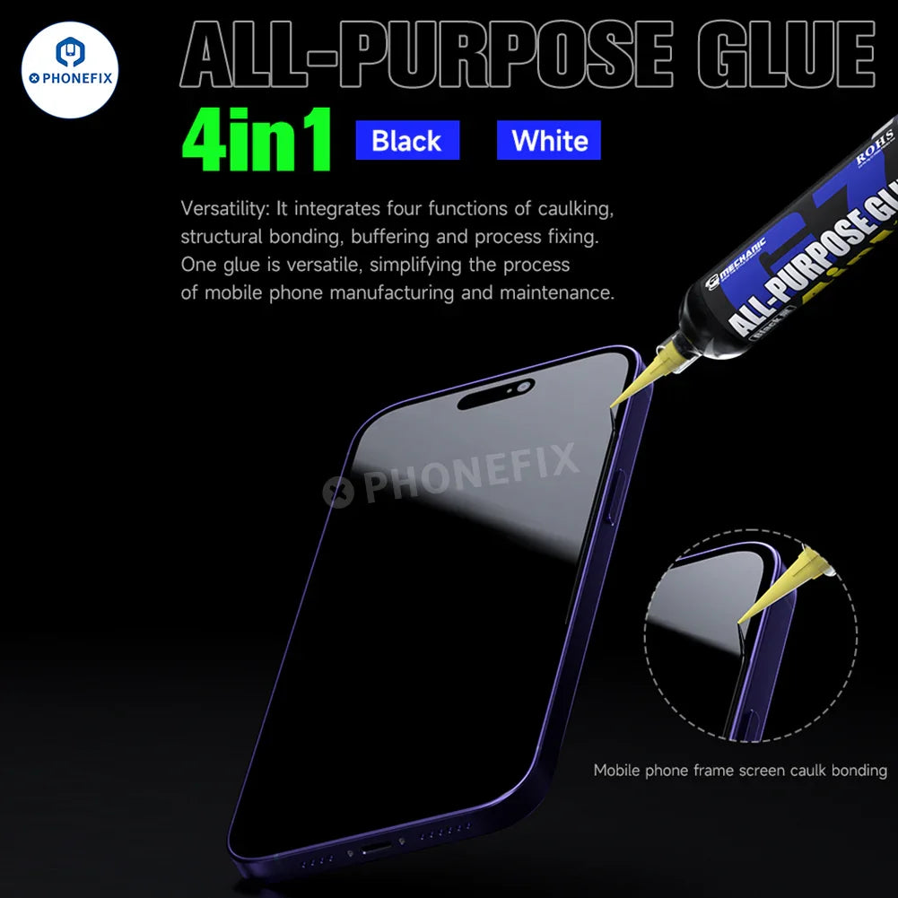 PhoneFix MECHANIC G7 multi-purpose glue for phone screen frame repair, shown in a clear container with applicator tip.
