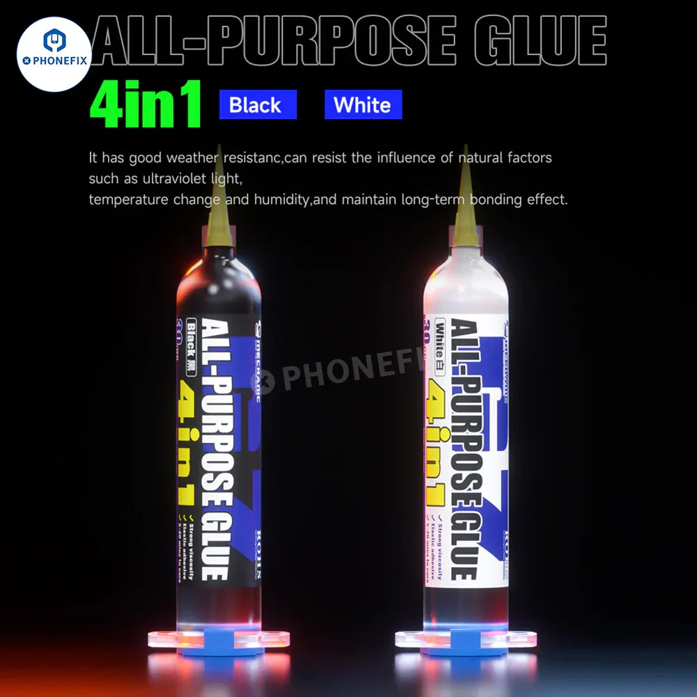 PhoneFix MECHANIC G7 multi-purpose glue for phone screen frame repair, black adhesive for durable phone repairs.