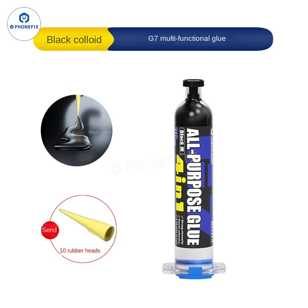 PhoneFix MECHANIC G7 multi-purpose glue for phone screen frame repair, black adhesive for durable fixes on mobile devices.