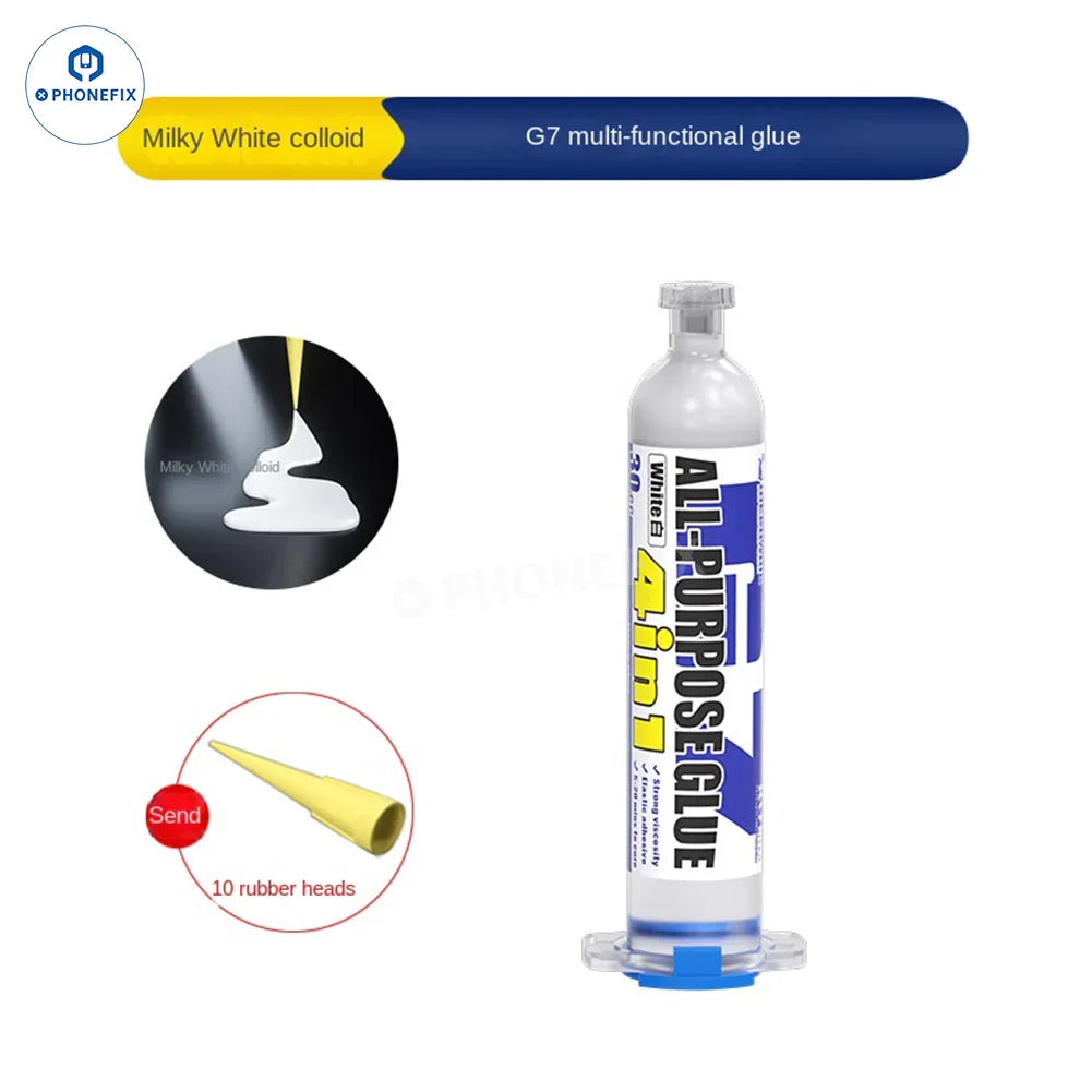 Black MECHANIC G7 multi-purpose glue by PHONEFIX for phone screen frame repair, shown in a tube with a nozzle tip.