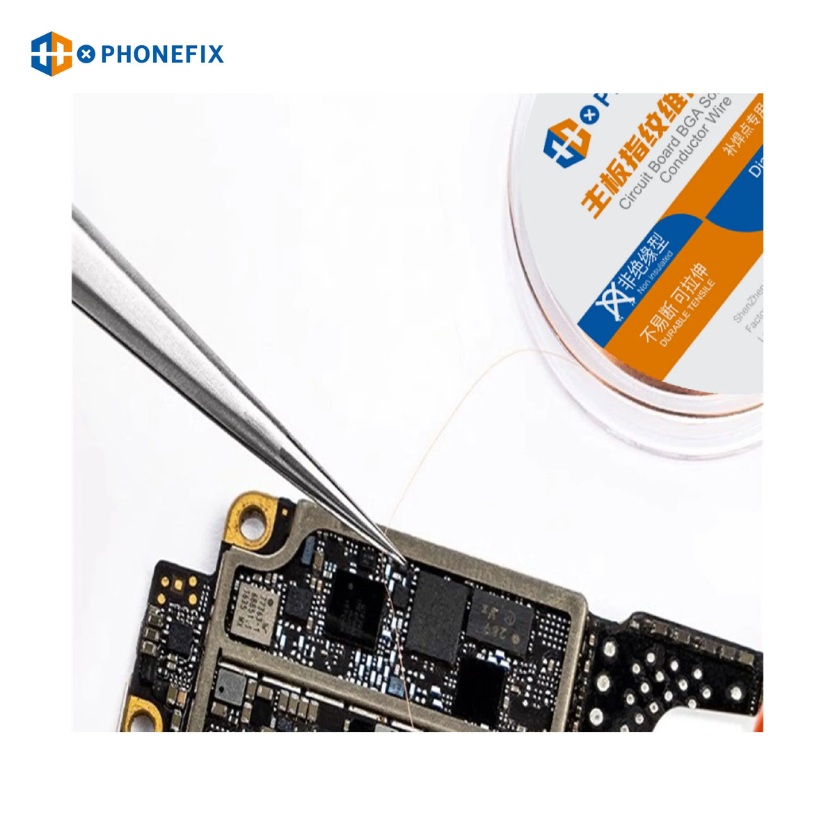 PHONEFIX copper jump wire for iPhone motherboard fingerprint repair, thin non-insulated copper consumable for electronic diagnostics.