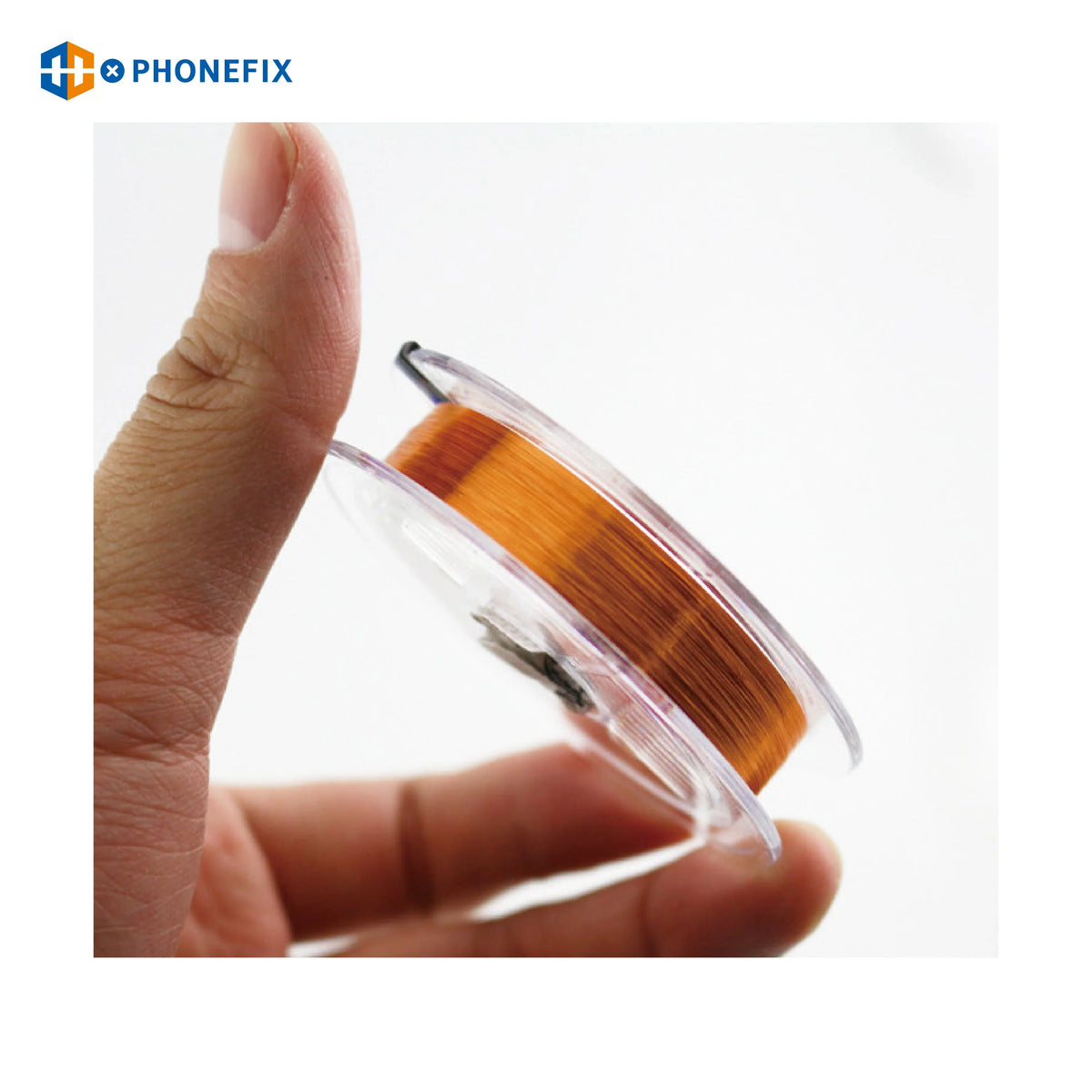PHONEFIX copper jump wire for iPhone motherboard fingerprint repair, non-insulated, 0.01mm thin consumable accessory.