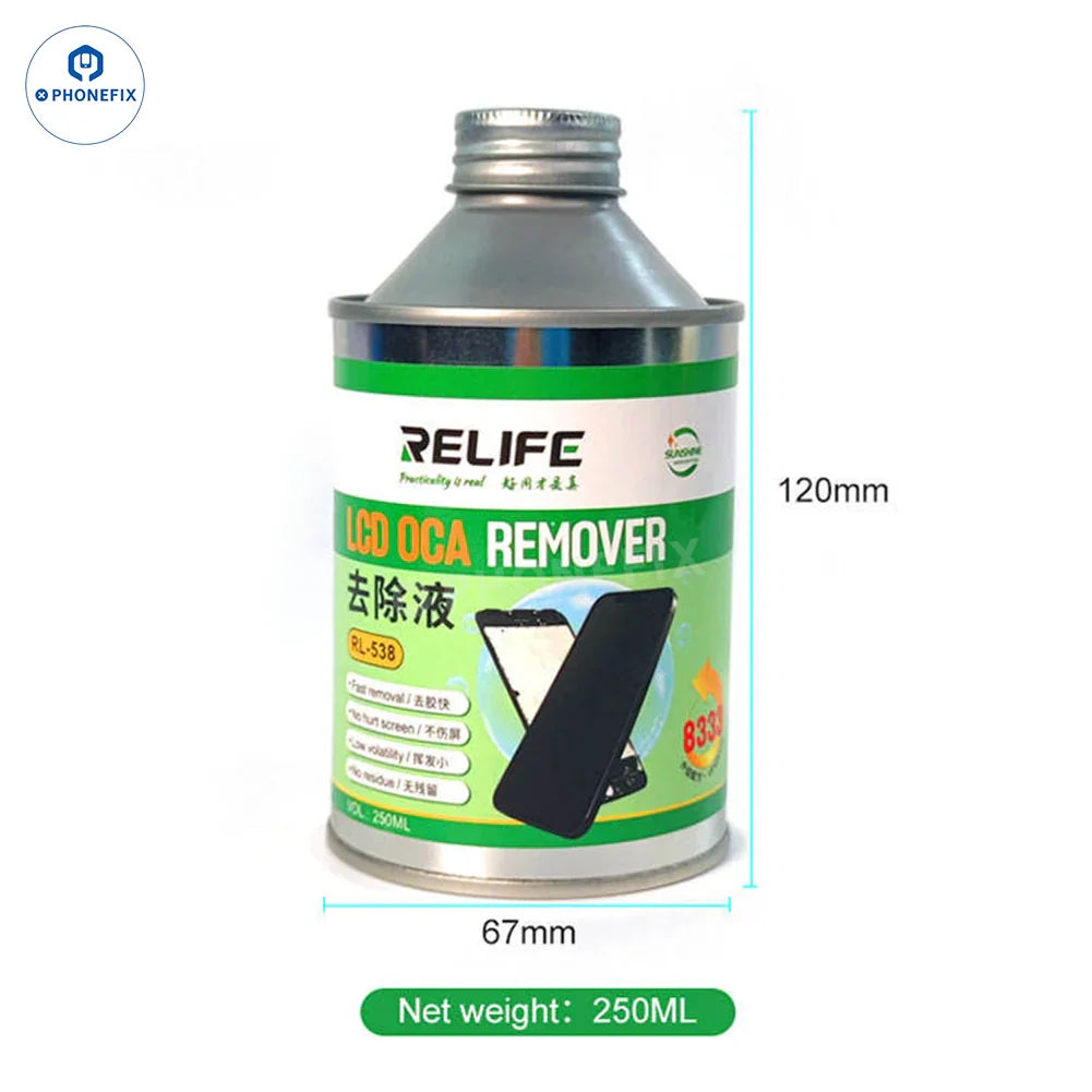 RELIFE RL-528 8333 screen polarizer and OCA glue remover liquid in a bottle, used for phone screen repairs and consumable applications.
