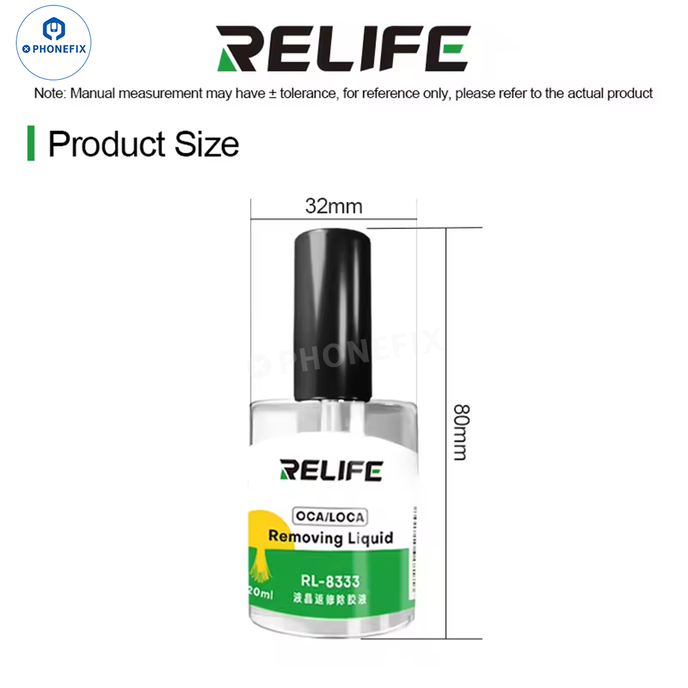 RELIFE RL-528 8333 screen polarizer OCA glue remover liquid for phone repair, shown in a clear container with a white background.