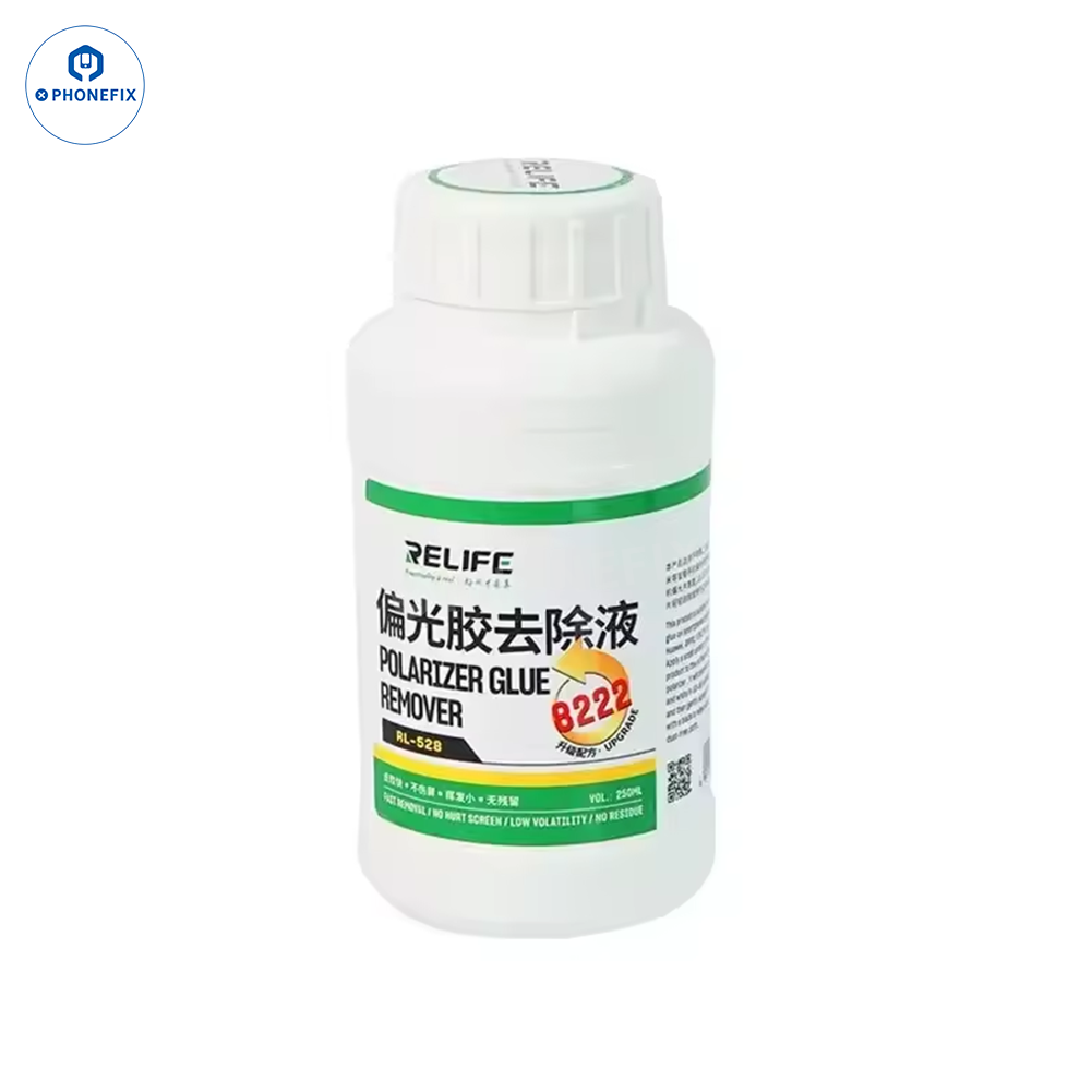 RELIFE RL-528 8333 screen polarizer and OCA glue remover liquid for phone repair, designed for precise LCD and glass separation.