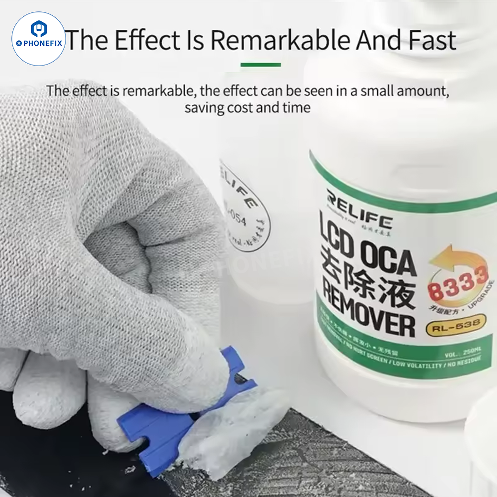 RELIFE RL-528 8333 screen polarizer OCA glue remover liquid for phone repairs, shown in a clear bottle with a white label.