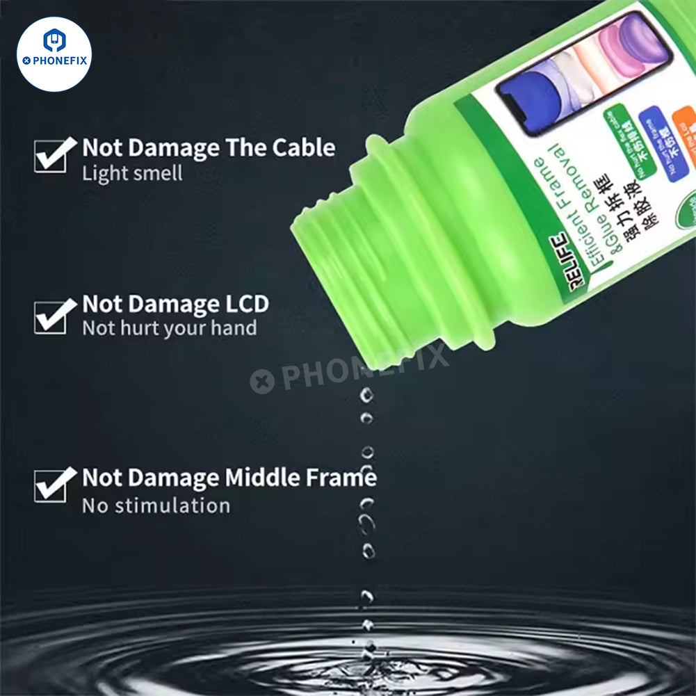RELIFE RL-528 8333 screen polarizer OCA glue remover liquid for phone repairs, shown in a clear bottle with label.