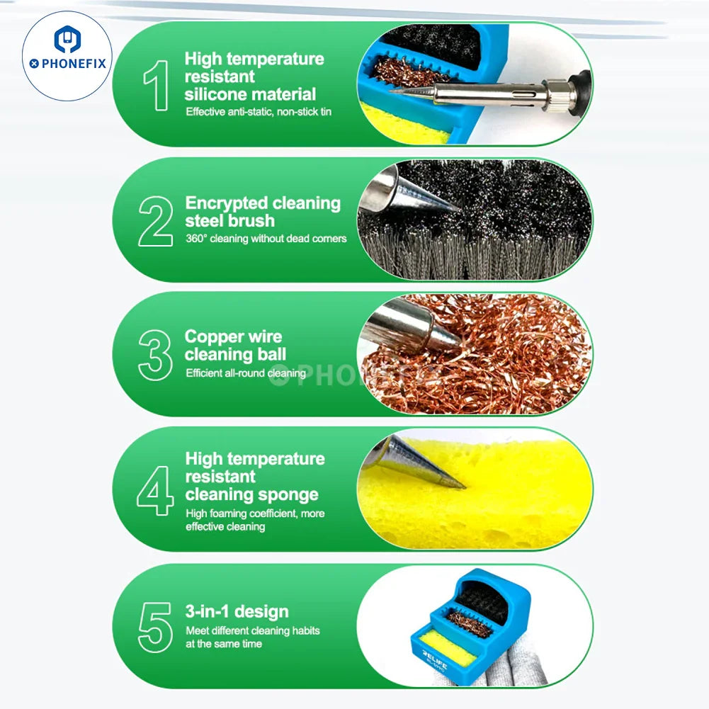 RL-599C soldering tip cleaner with steel brush, sponge, and copper wire for electronics repair by PHONEFIX.