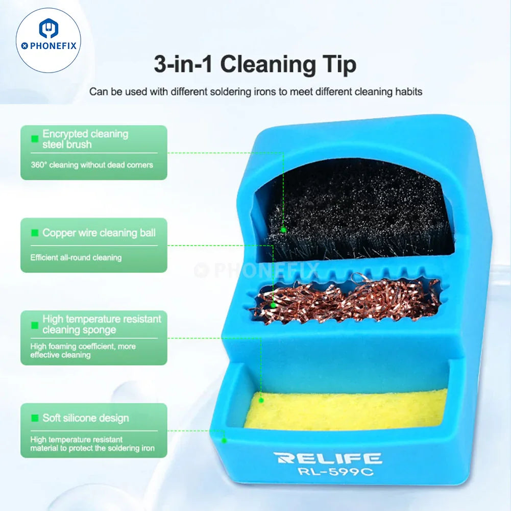 RL-599C soldering tip cleaner with steel brush, sponge, and copper wire for electronic repair and maintenance.