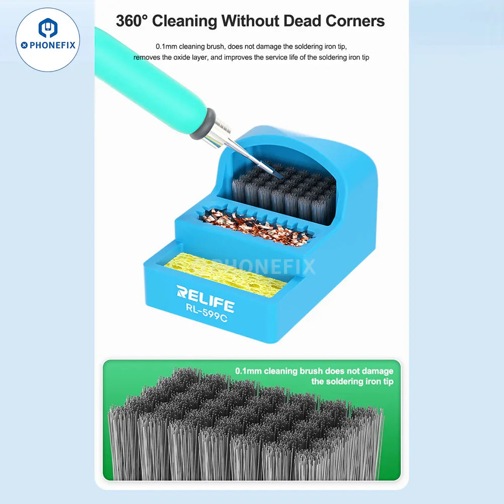 RL-599C Soldering Tip Cleaner with steel brush, sponge, and copper wire for effective soldering tip maintenance.