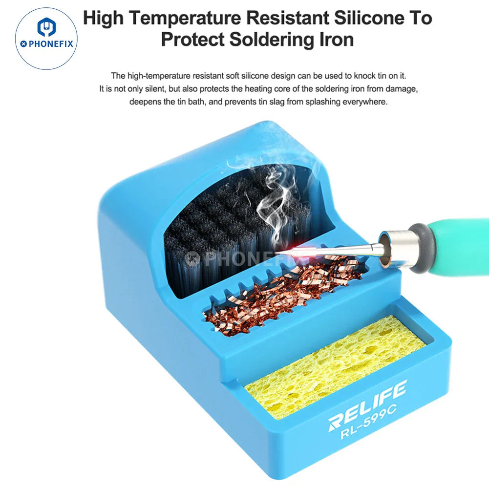 RL-599C soldering tip cleaner with steel brush, sponge, and copper wire for precise electronic soldering maintenance.